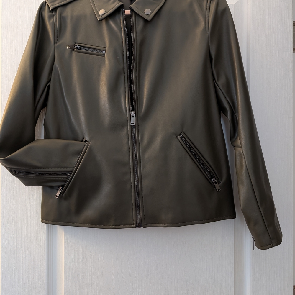 Stylish Olive Green Faux Leather Jacket. Size M
